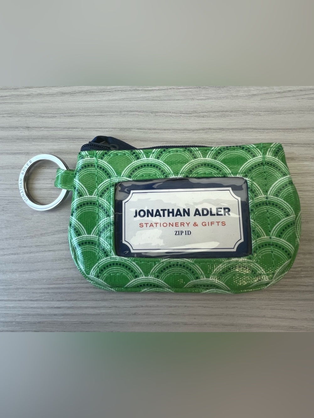 Jonathan Adler Green Patterned Zip ID Holder with Key Ring